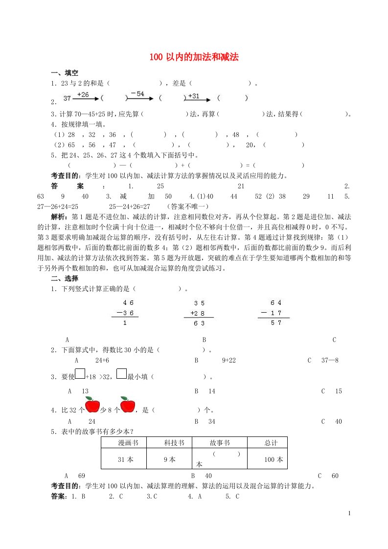 二年级数学上册一100以内的加法和减法三同步试题苏教版