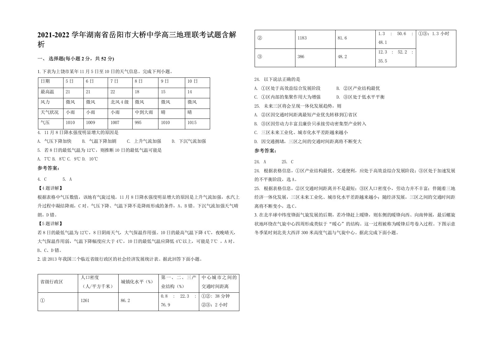 2021-2022学年湖南省岳阳市大桥中学高三地理联考试题含解析