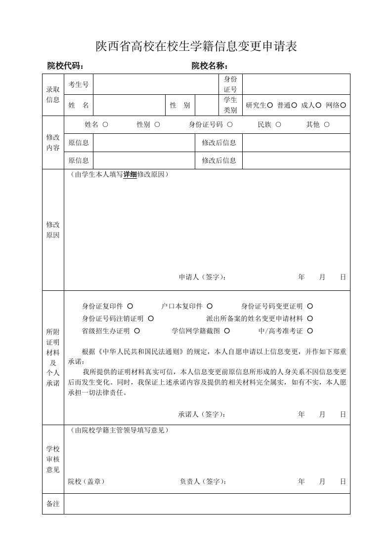 陕西高校在校生学籍信息变更申请表