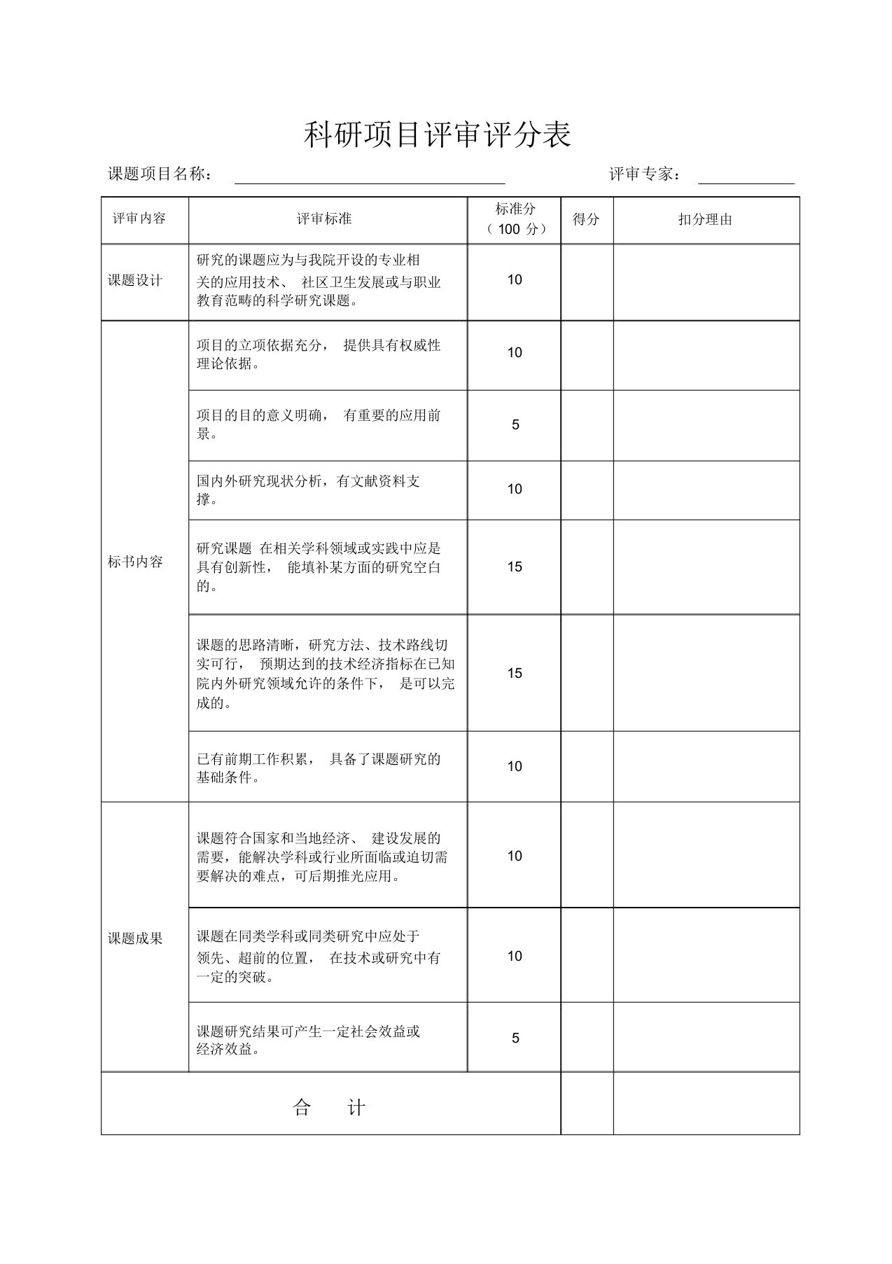 科研项目评审评分表格