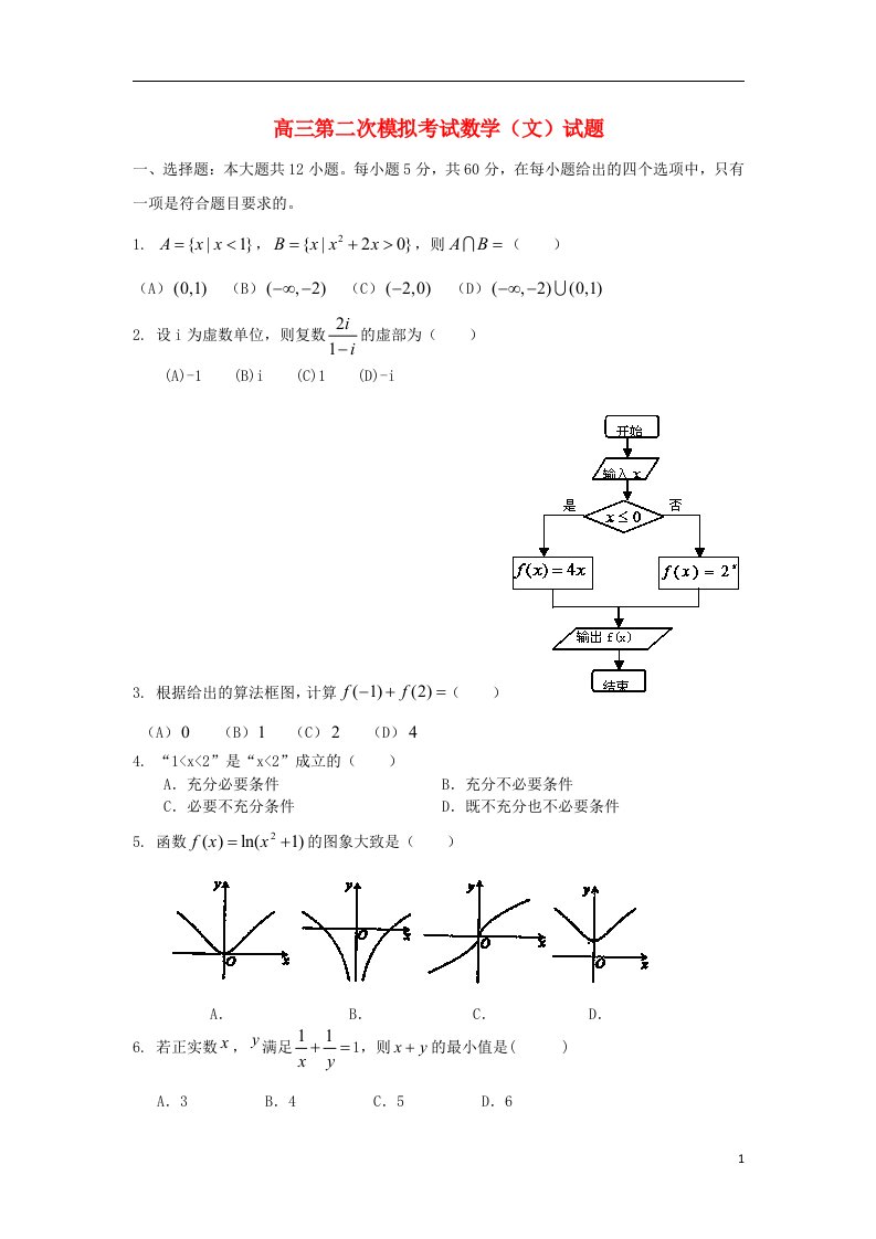 福建省莆田第八中学高三数学第二次模拟考试试题