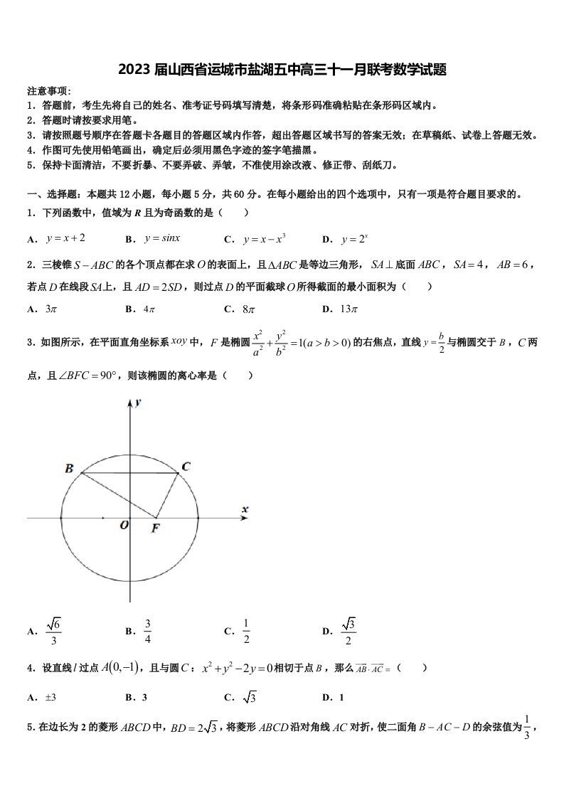 2023届山西省运城市盐湖五中高三十一月联考数学试题