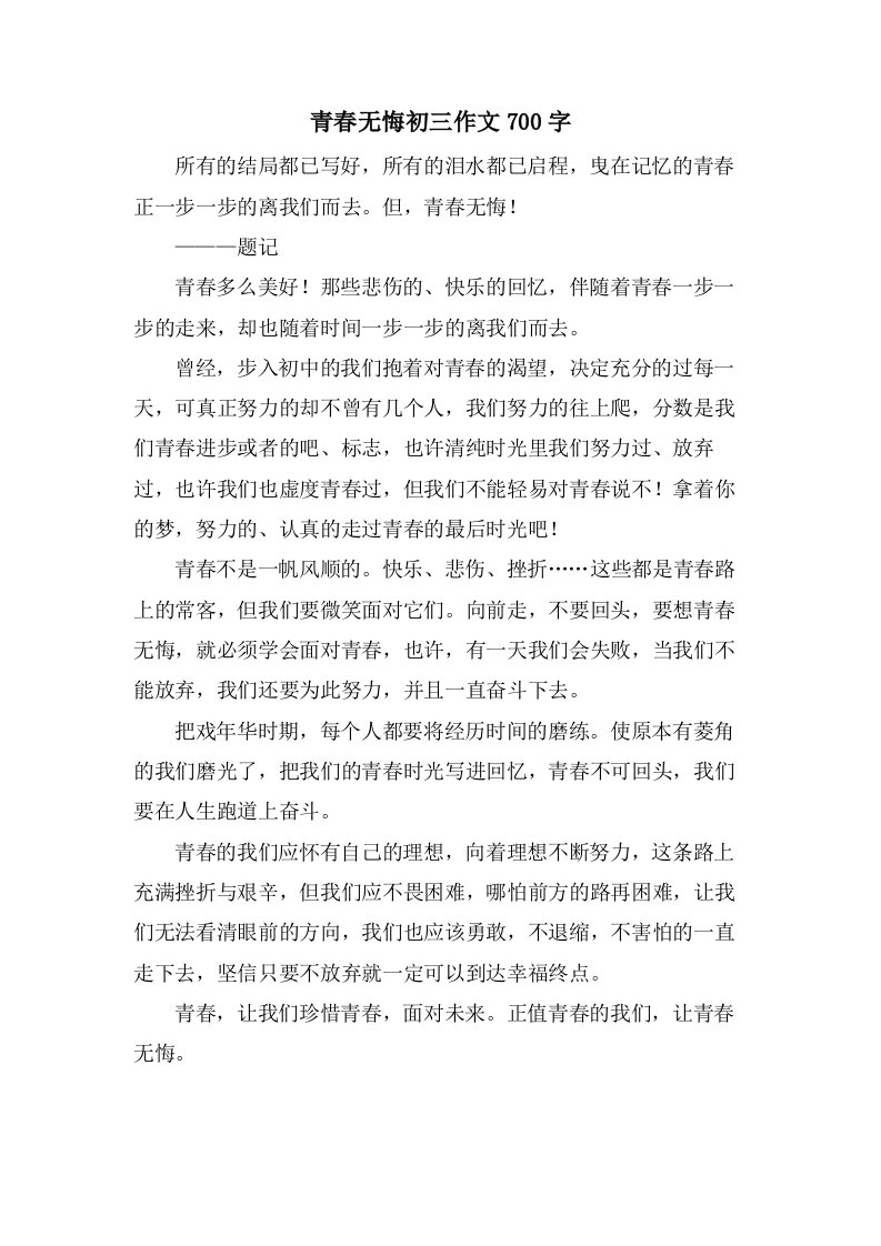 青春无悔初三作文700字