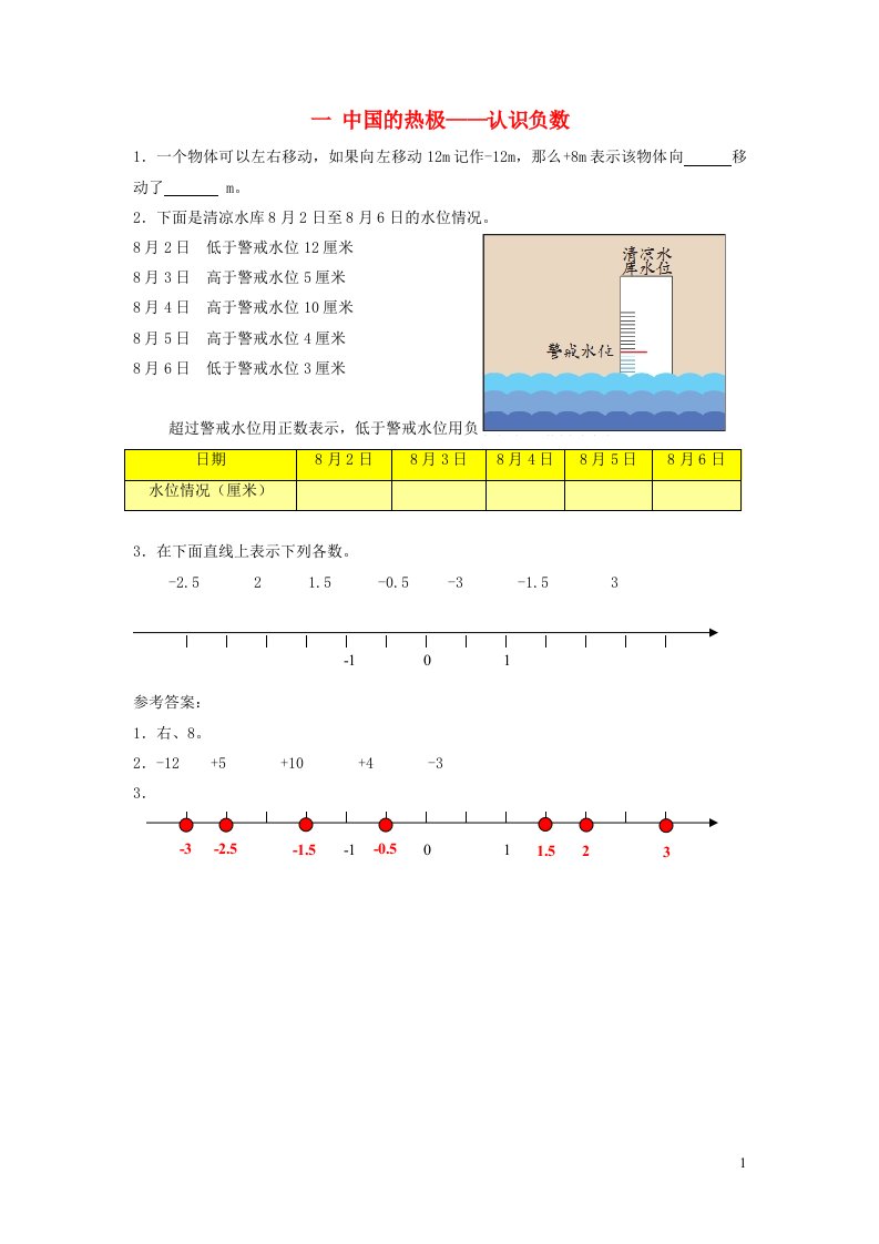 2023五年级数学下册一中国的热极__认识负数补充习题青岛版六三制