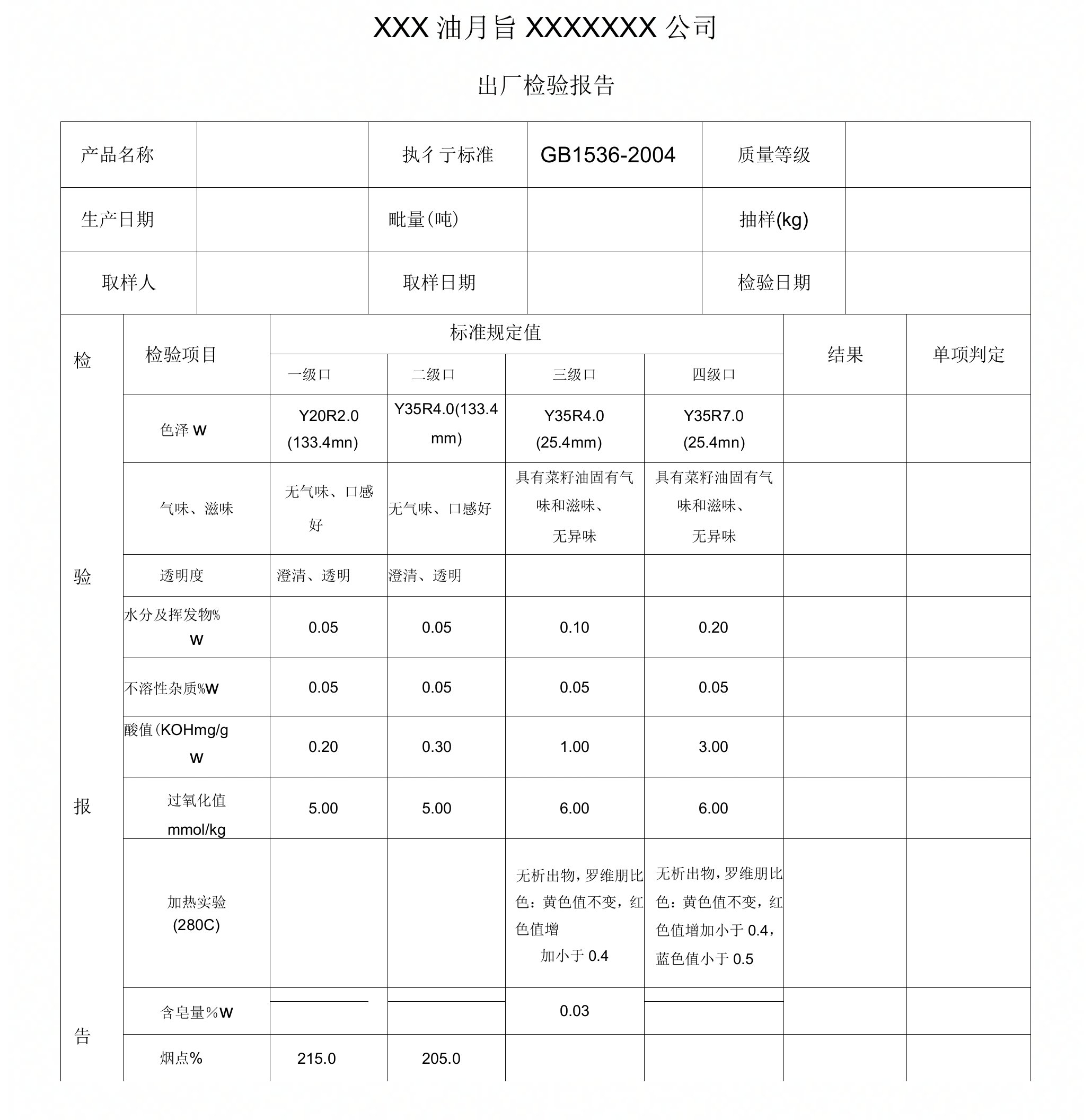 食用油企业产品出厂检验报告