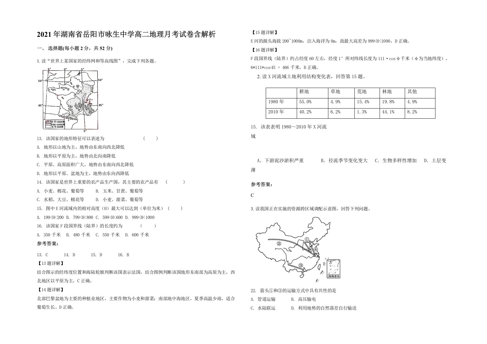 2021年湖南省岳阳市咏生中学高二地理月考试卷含解析