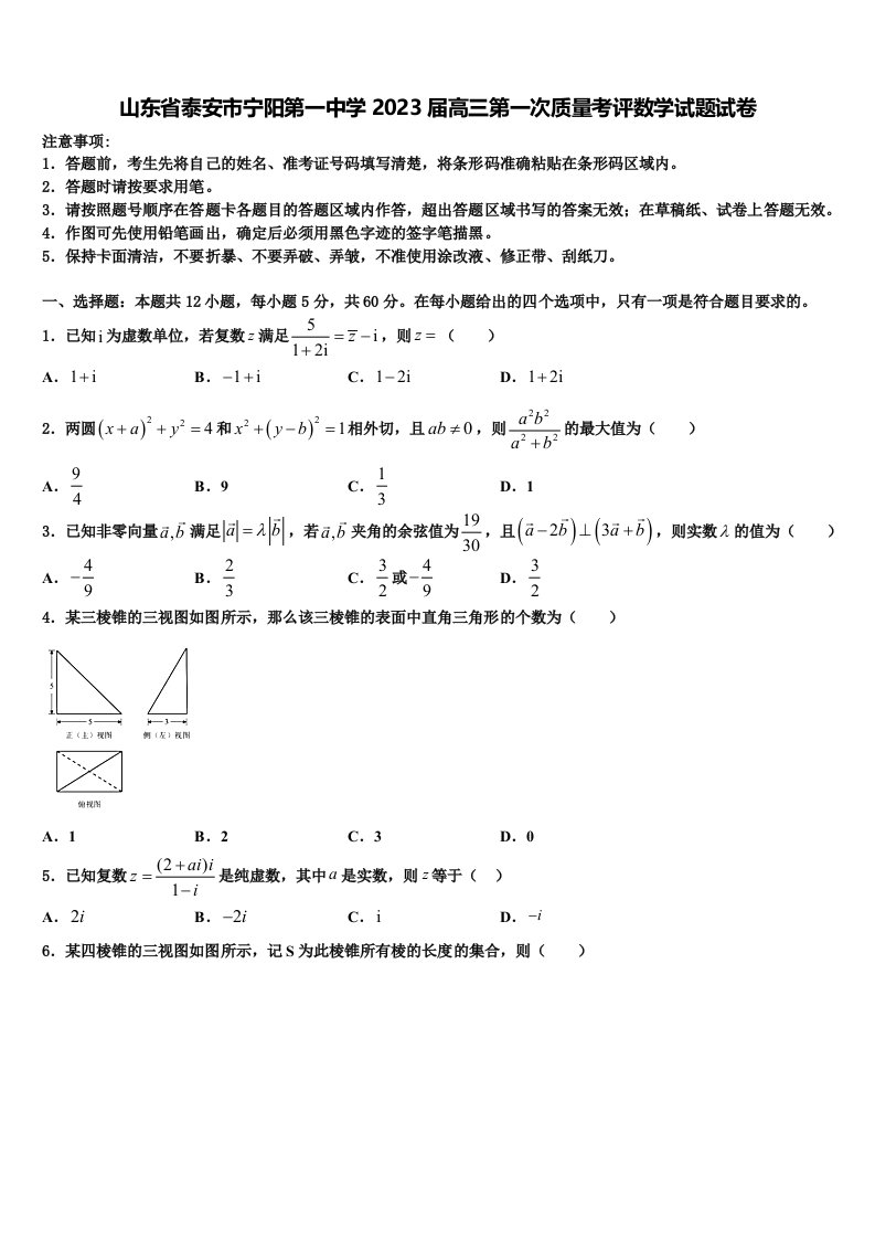 山东省泰安市宁阳第一中学2023届高三第一次质量考评数学试题试卷