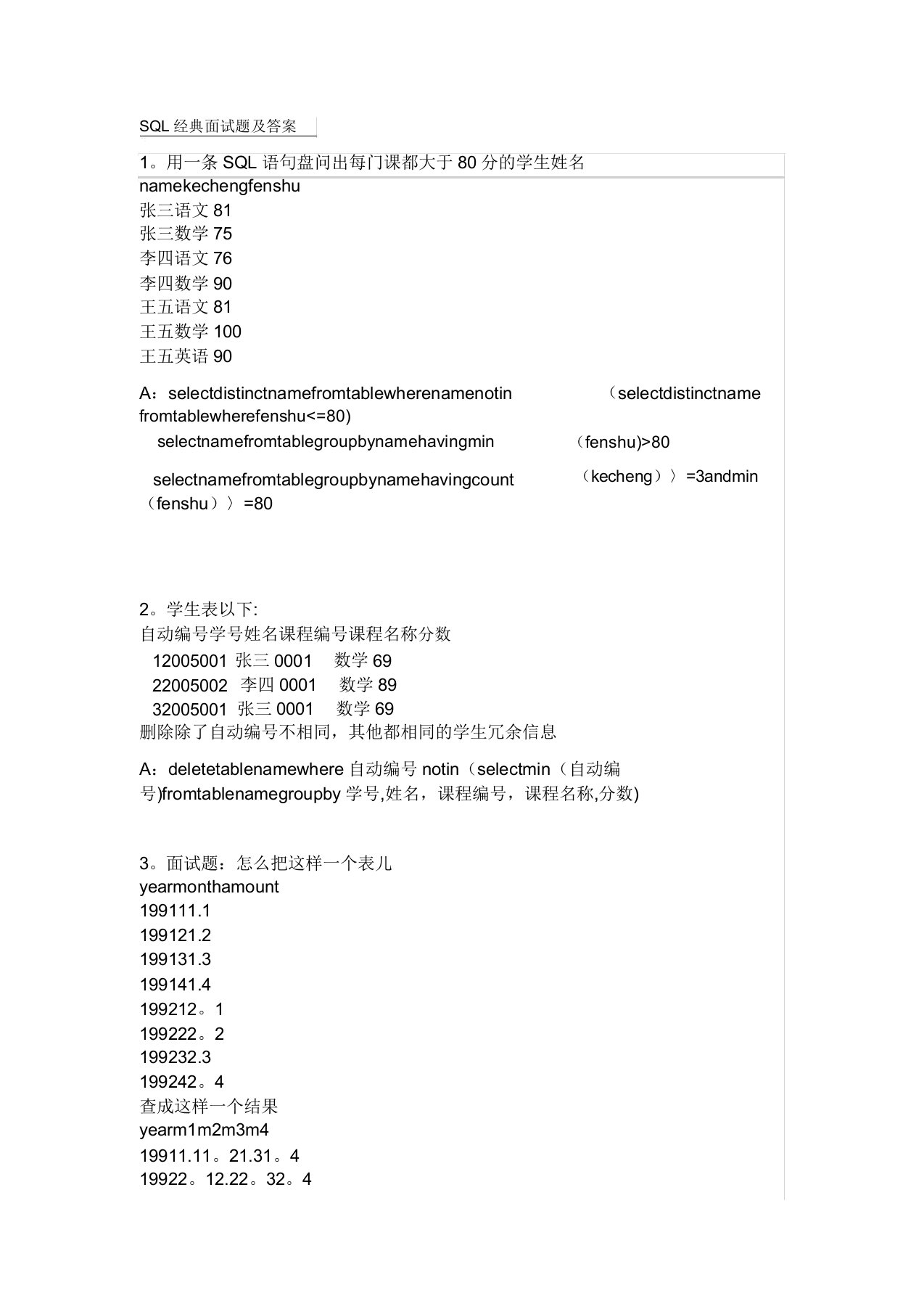 SQL经典面试题及答案