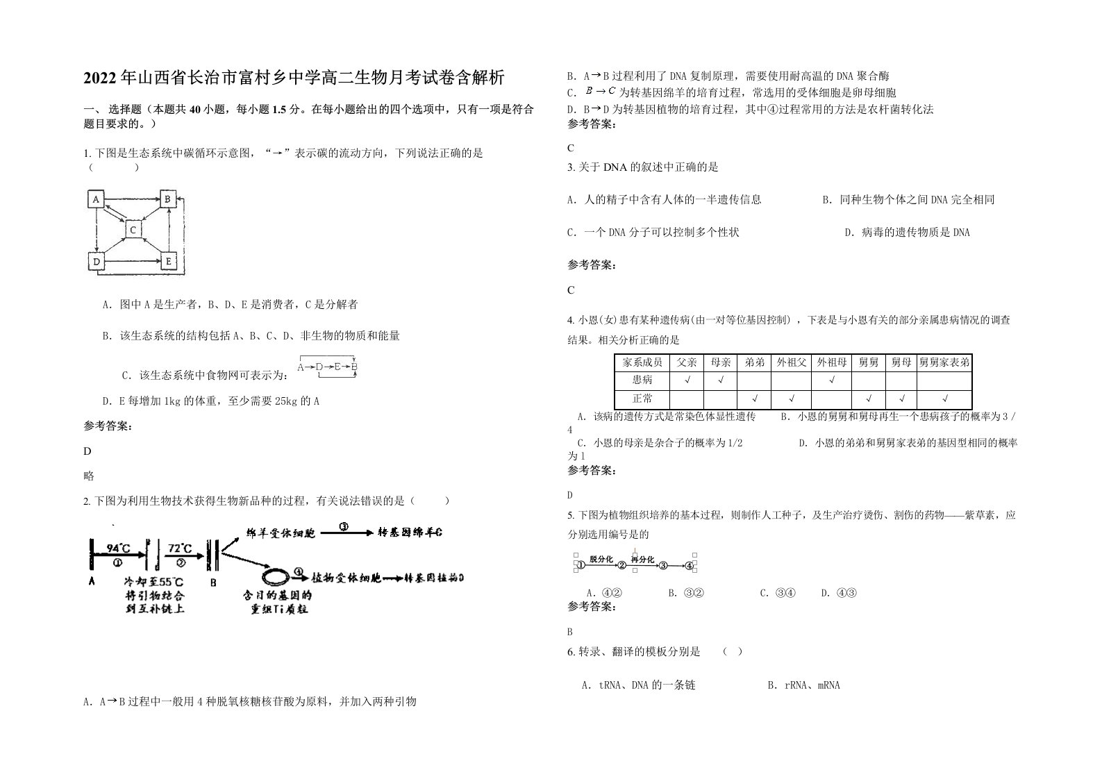 2022年山西省长治市富村乡中学高二生物月考试卷含解析