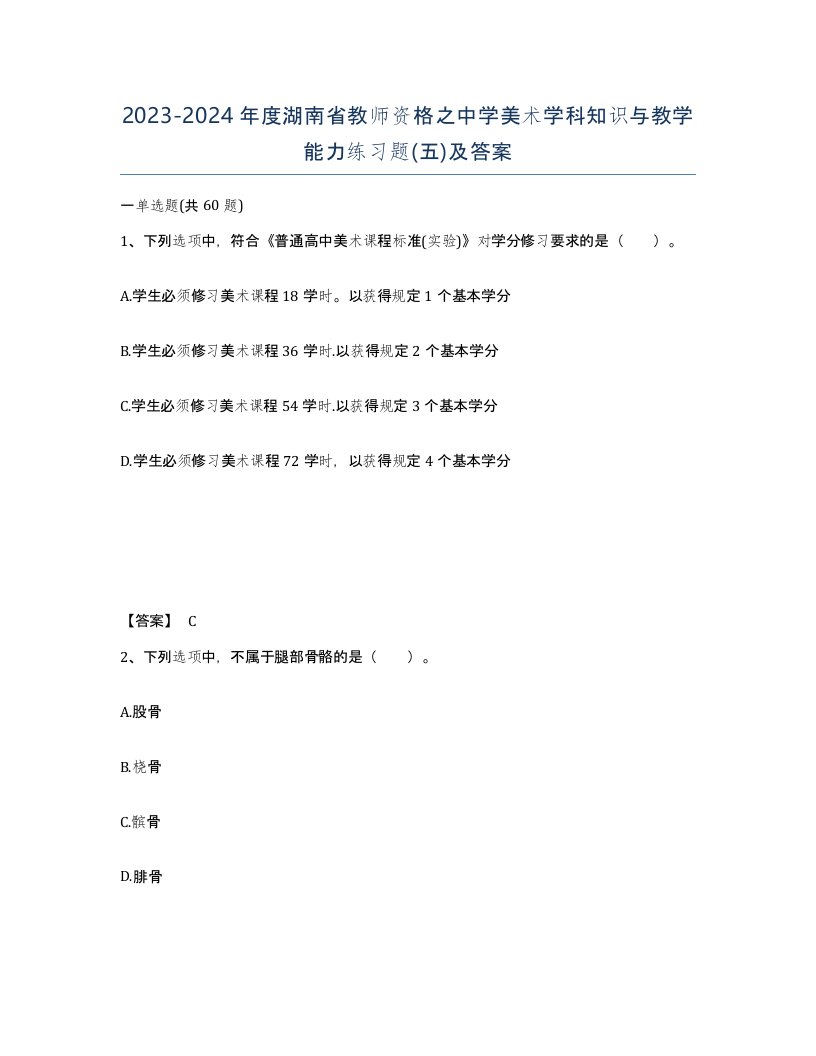 2023-2024年度湖南省教师资格之中学美术学科知识与教学能力练习题五及答案