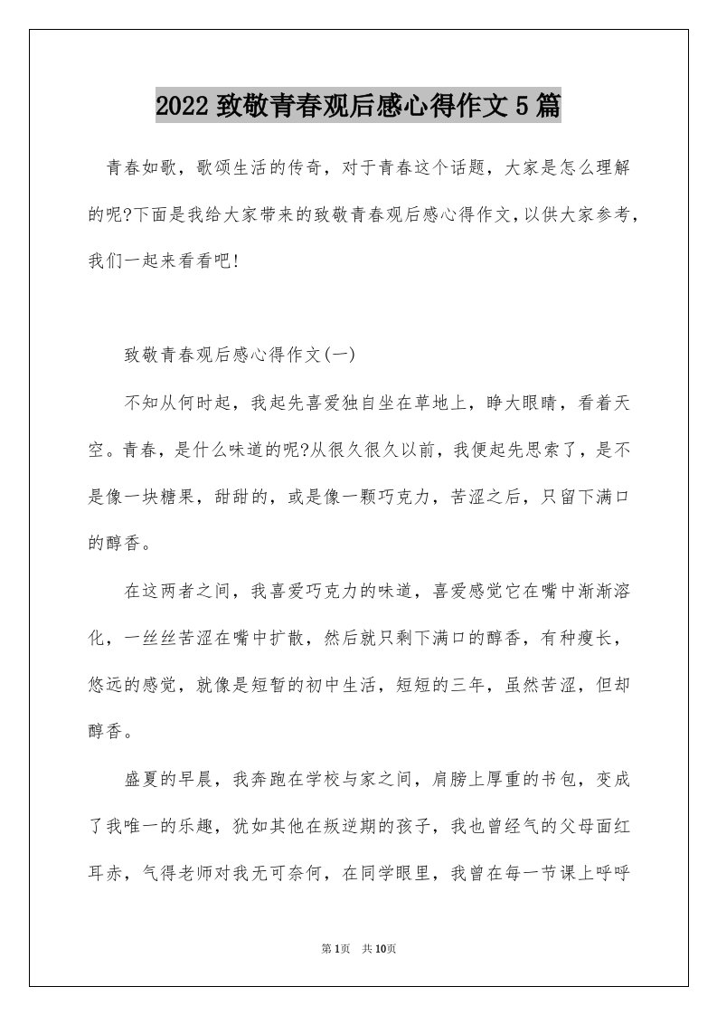 2022致敬青春观后感心得作文5篇