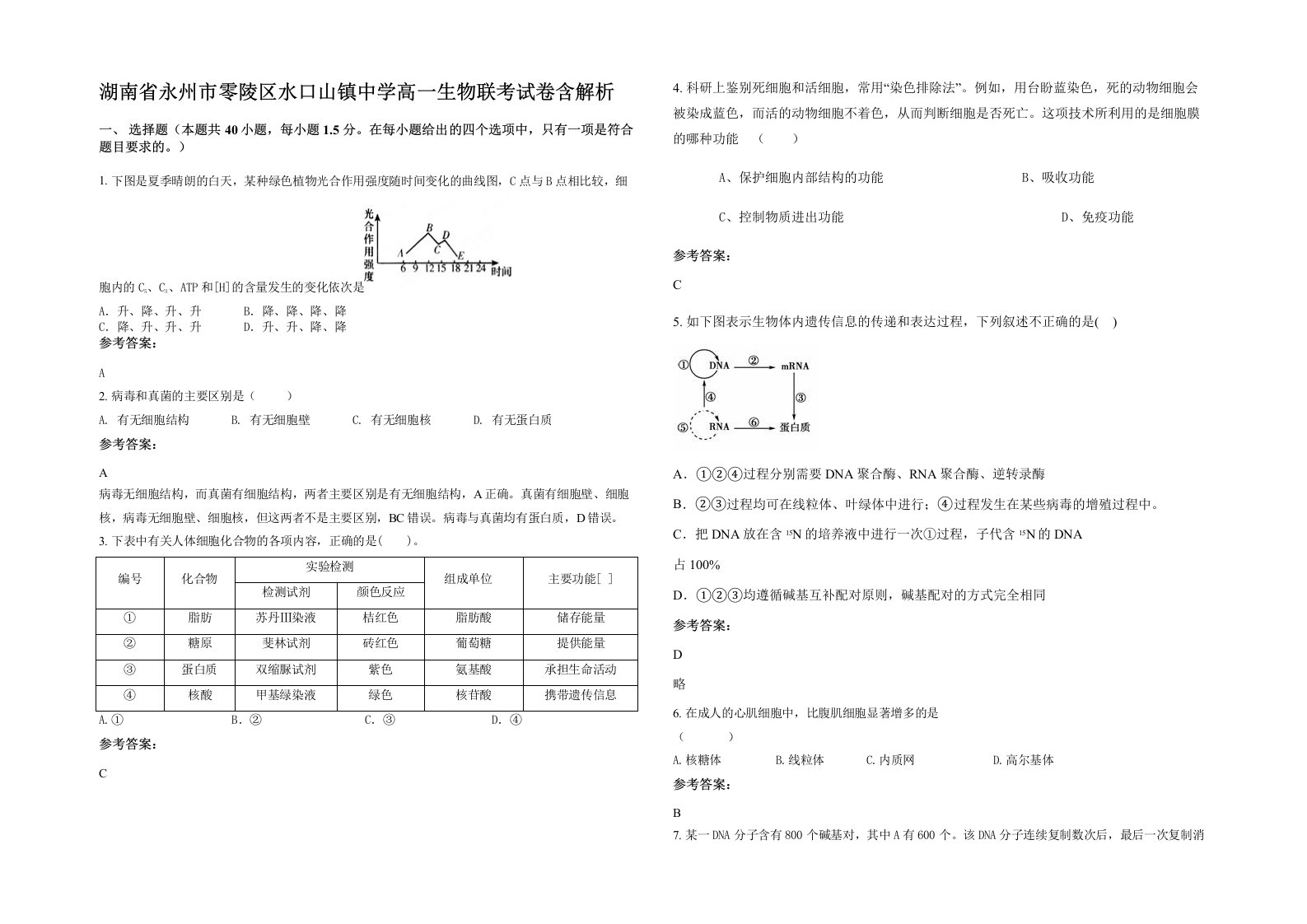 湖南省永州市零陵区水口山镇中学高一生物联考试卷含解析