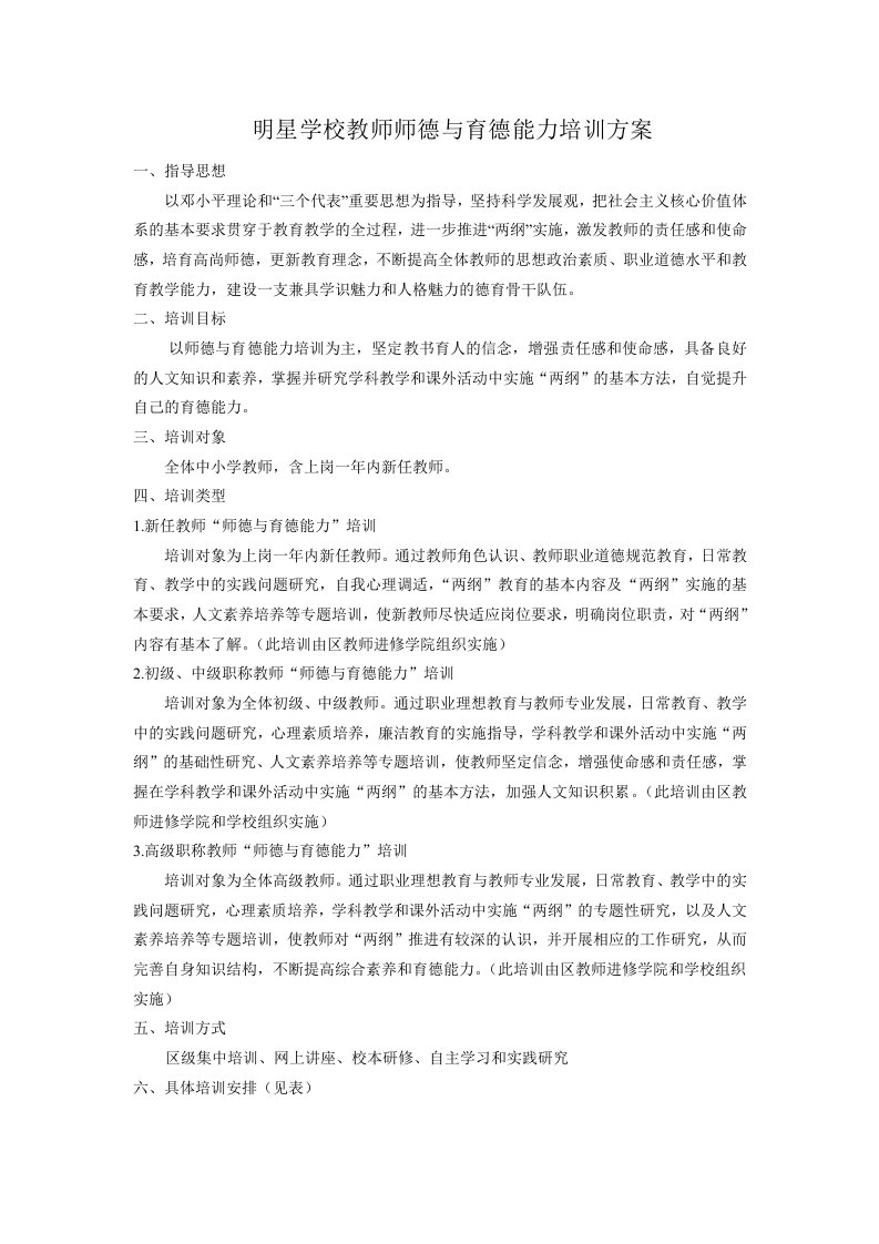 明星学校教师师德与育德能力培训方案