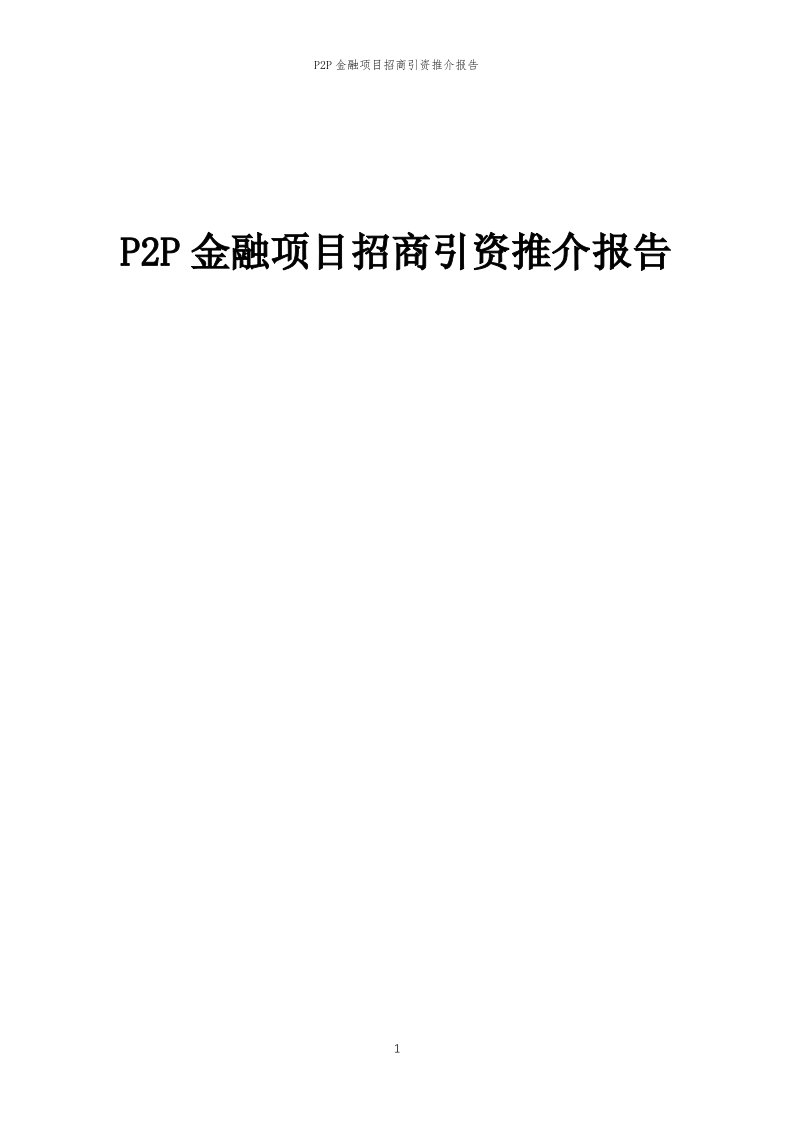 2023年P2P金融项目招商引资推介报告