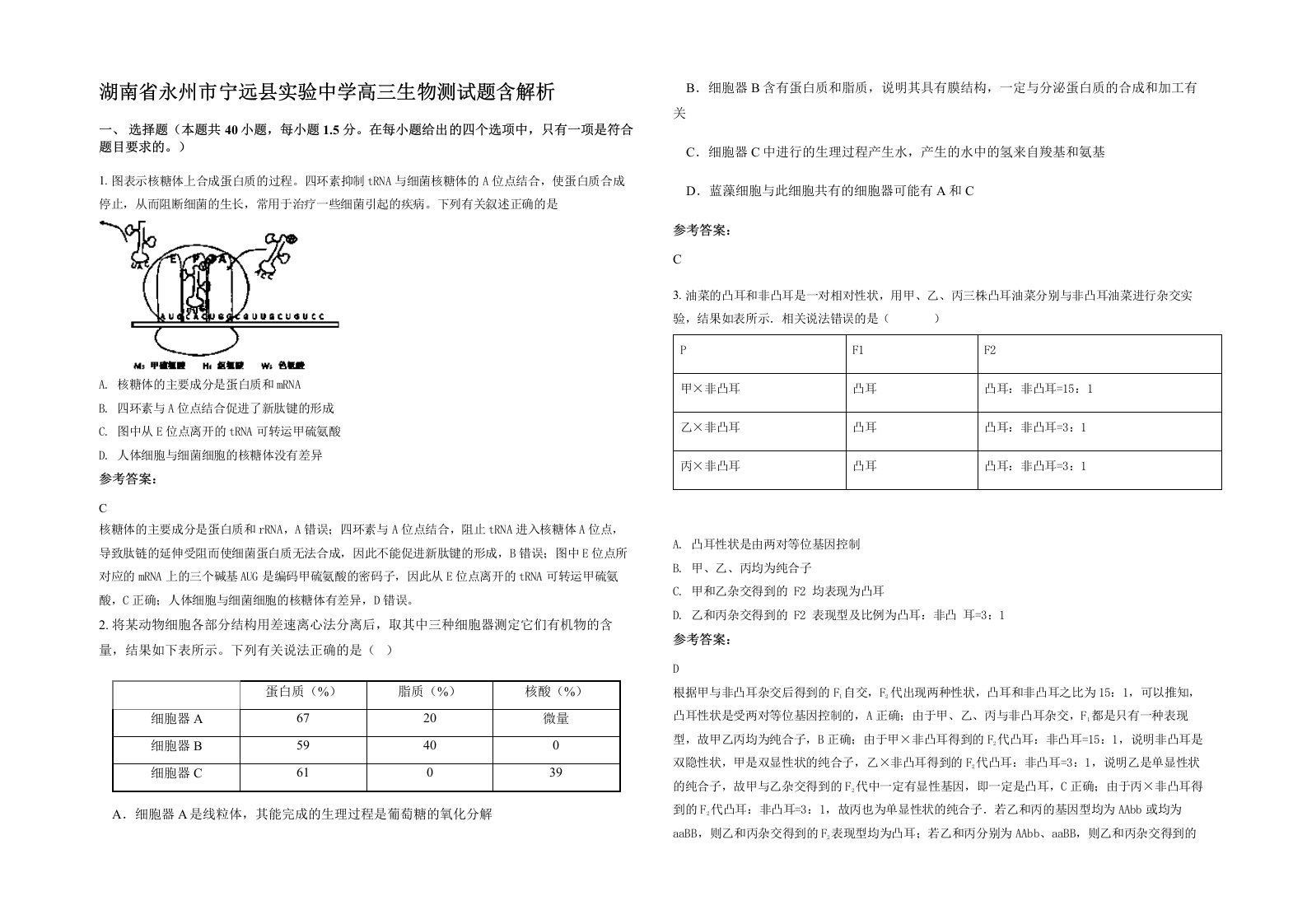 湖南省永州市宁远县实验中学高三生物测试题含解析