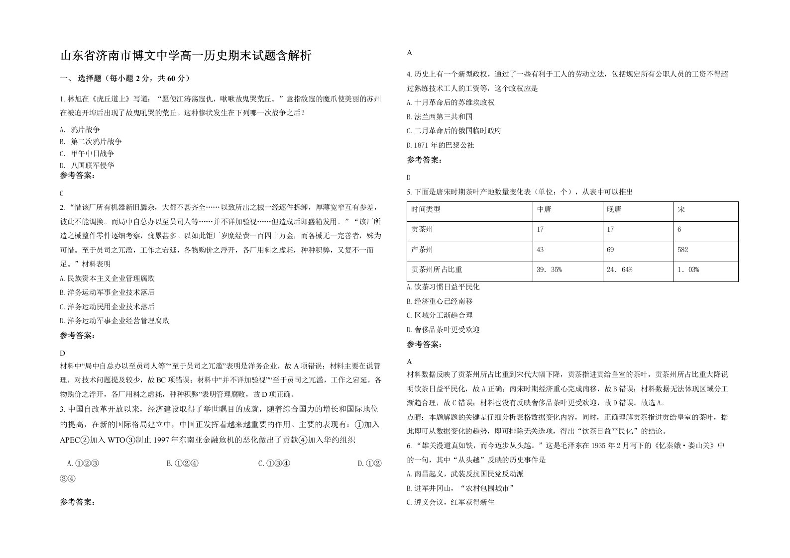 山东省济南市博文中学高一历史期末试题含解析