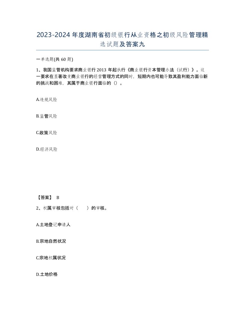 2023-2024年度湖南省初级银行从业资格之初级风险管理试题及答案九