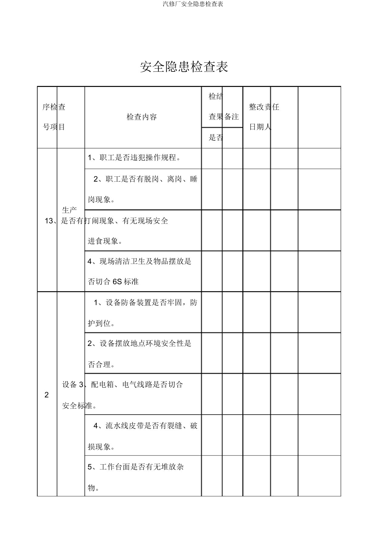 汽修厂安全隐患检查表