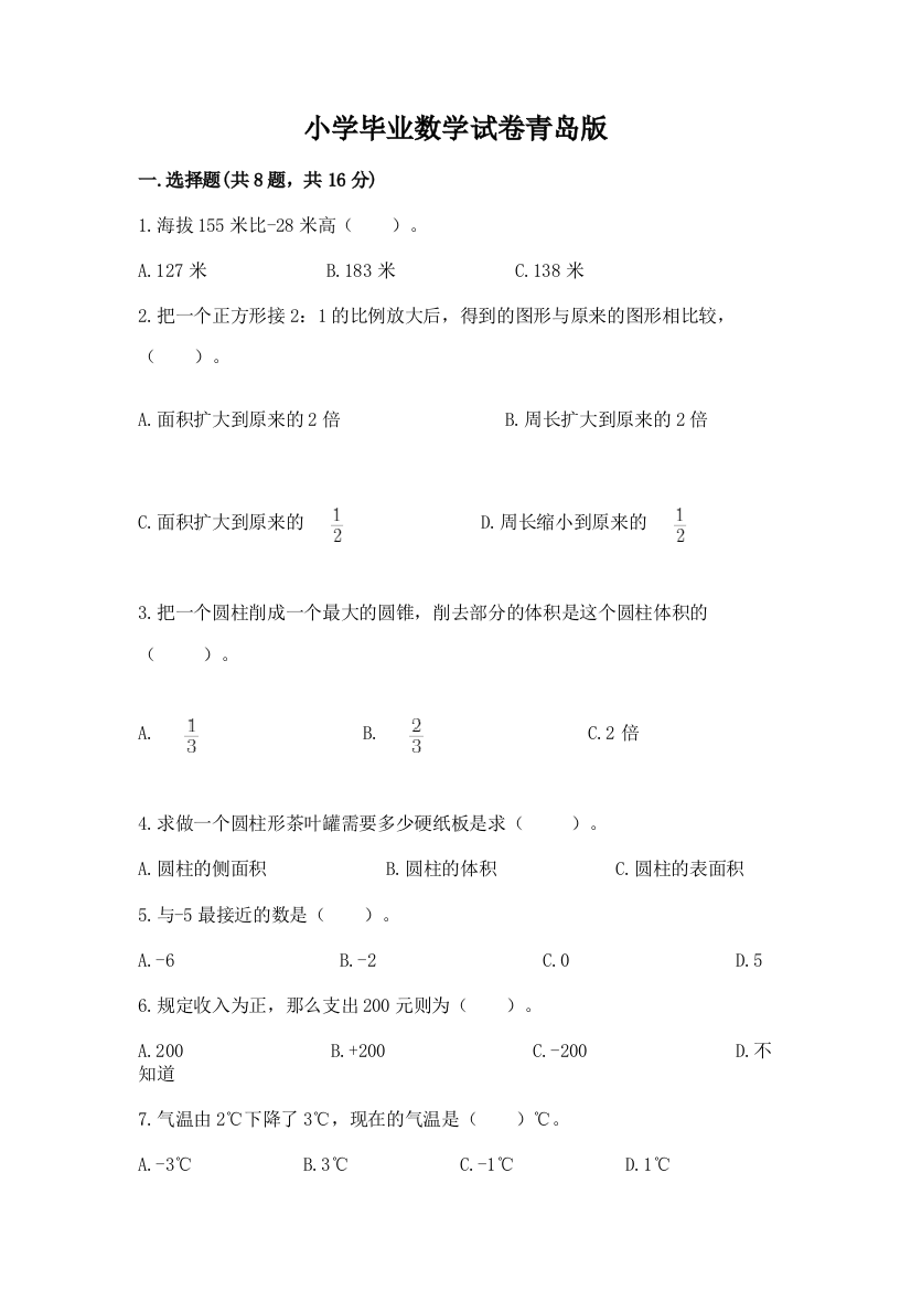 小学毕业数学试卷青岛版（突破训练）