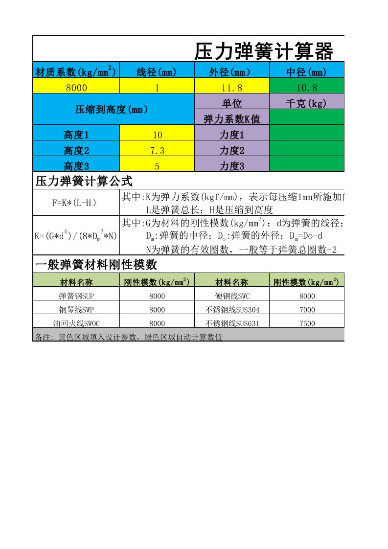 压力弹簧力度计算器及计算公式