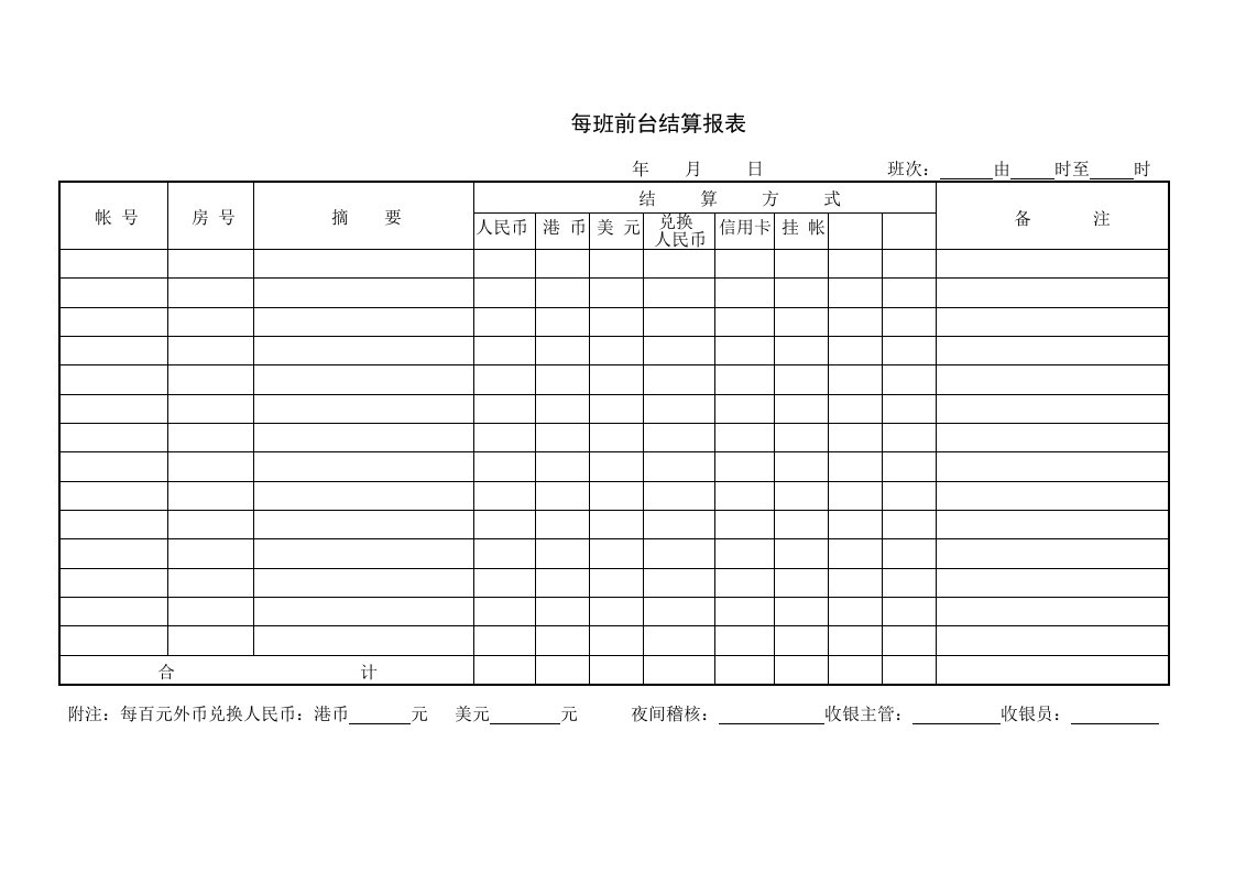 财务部每班前台结算报表