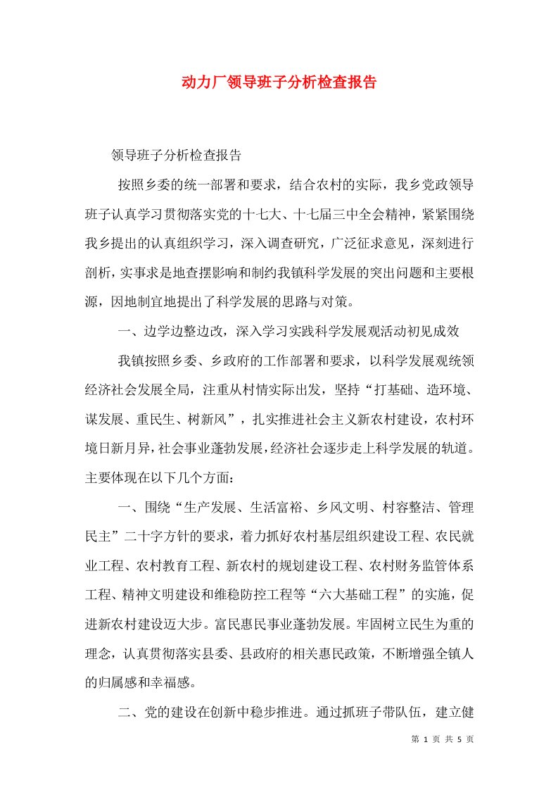 动力厂领导班子分析检查报告（一）