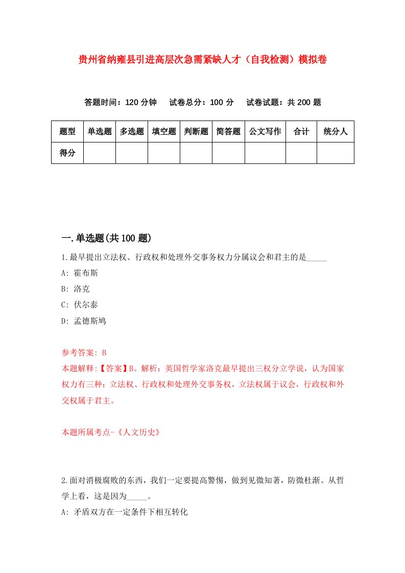 贵州省纳雍县引进高层次急需紧缺人才自我检测模拟卷第4次