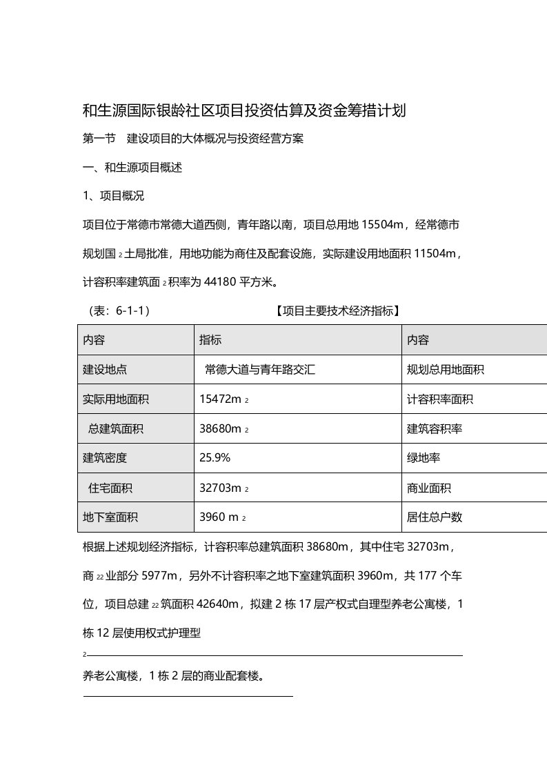 花园项目投资估算及资金筹措计划