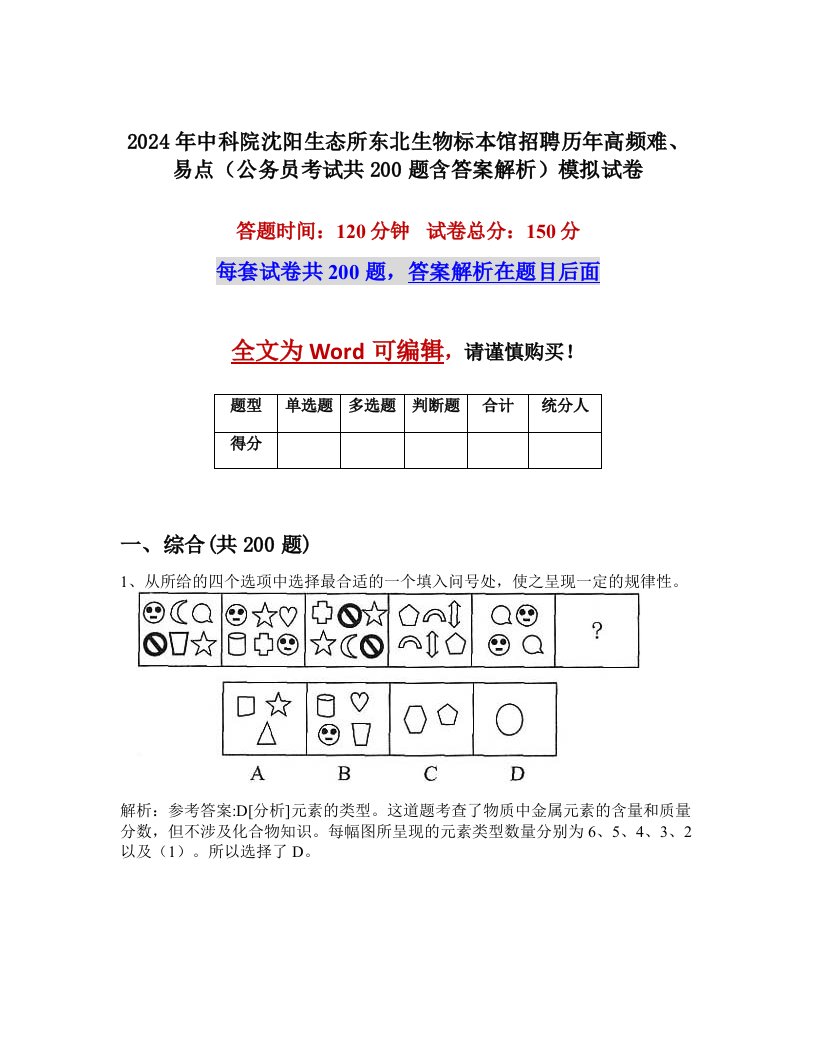 2024年中科院沈阳生态所东北生物标本馆招聘历年高频难、易点（公务员考试共200题含答案解析）模拟试卷