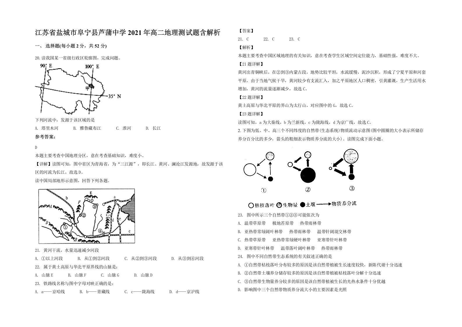 江苏省盐城市阜宁县芦蒲中学2021年高二地理测试题含解析