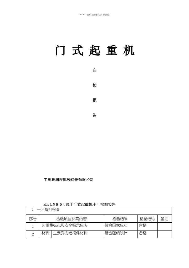 MDEL900t通用门式起重机出厂检验报告