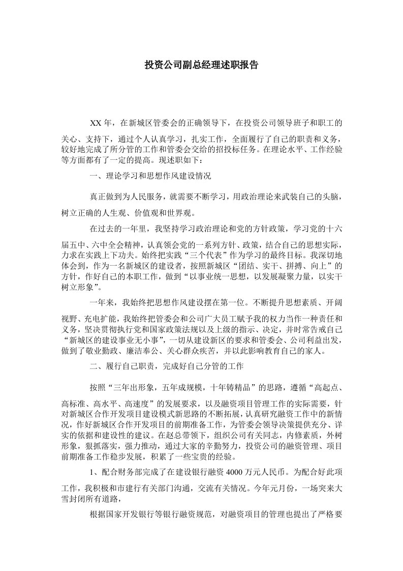 投资公司副总经理述职报告