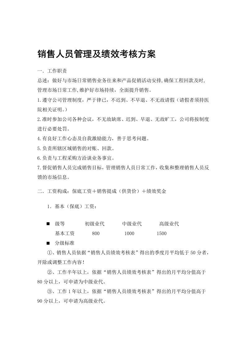 销售人员管理及绩效考核方案