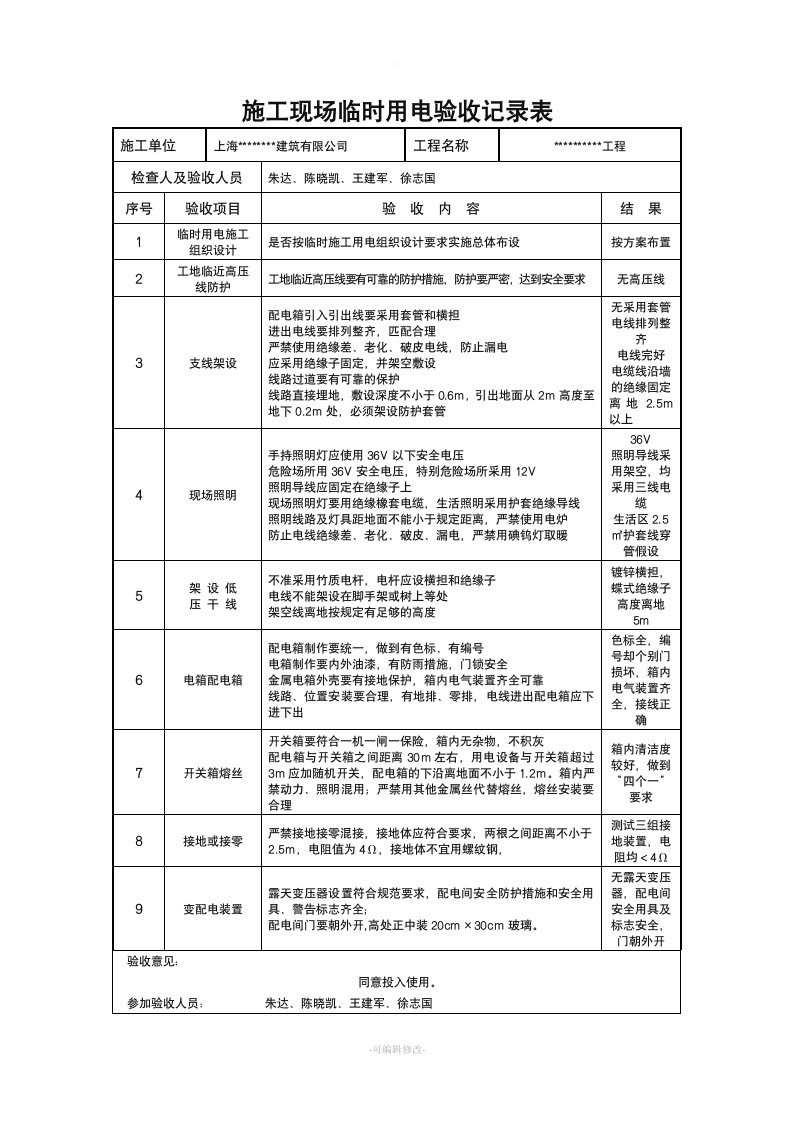 施工现场临时用电验收记录表