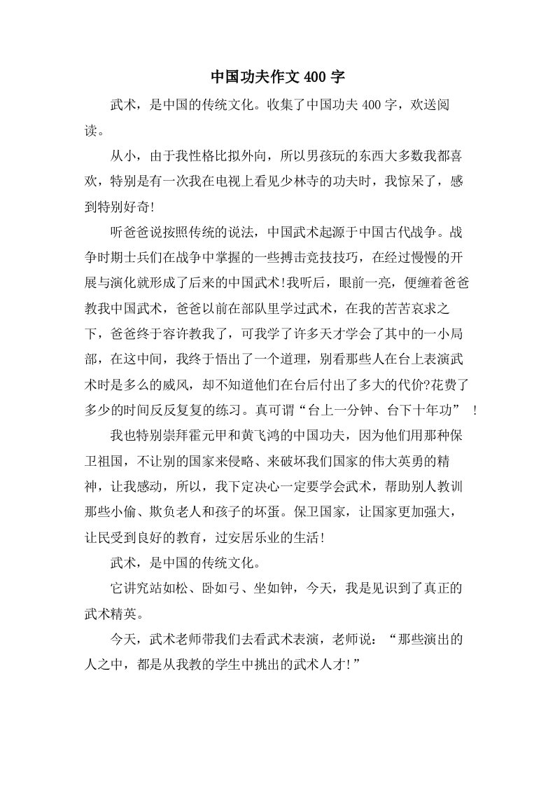 中国功夫作文400字