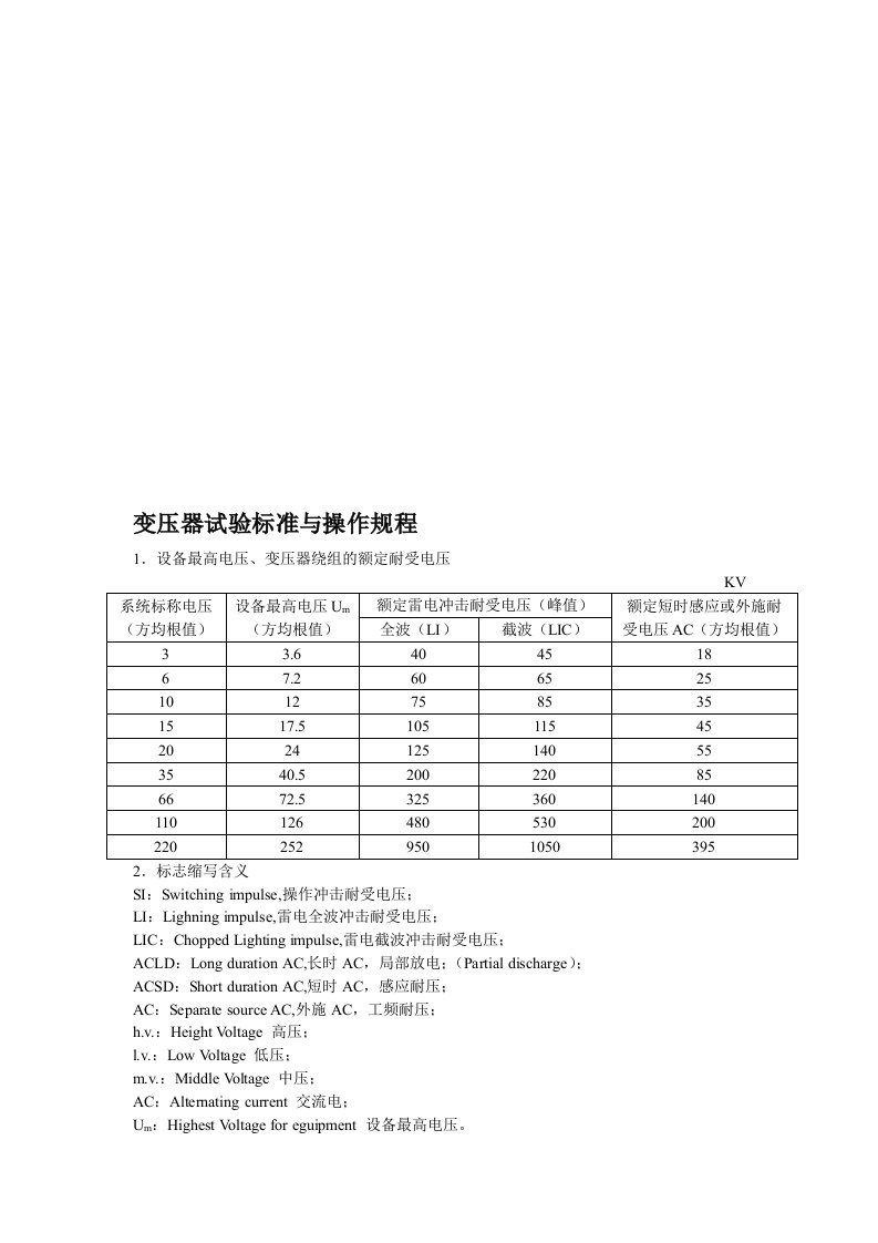 电力变压器试验标准与操作规程