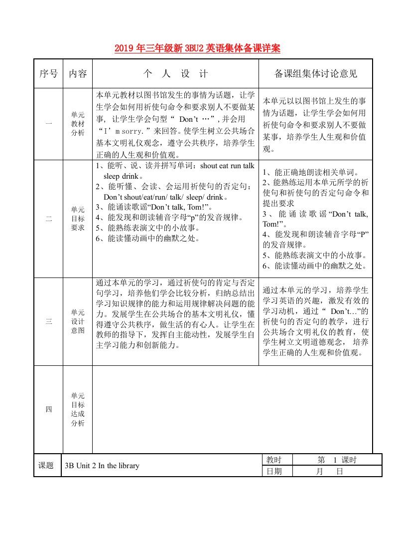 2019年三年级新3BU2英语集体备课详案