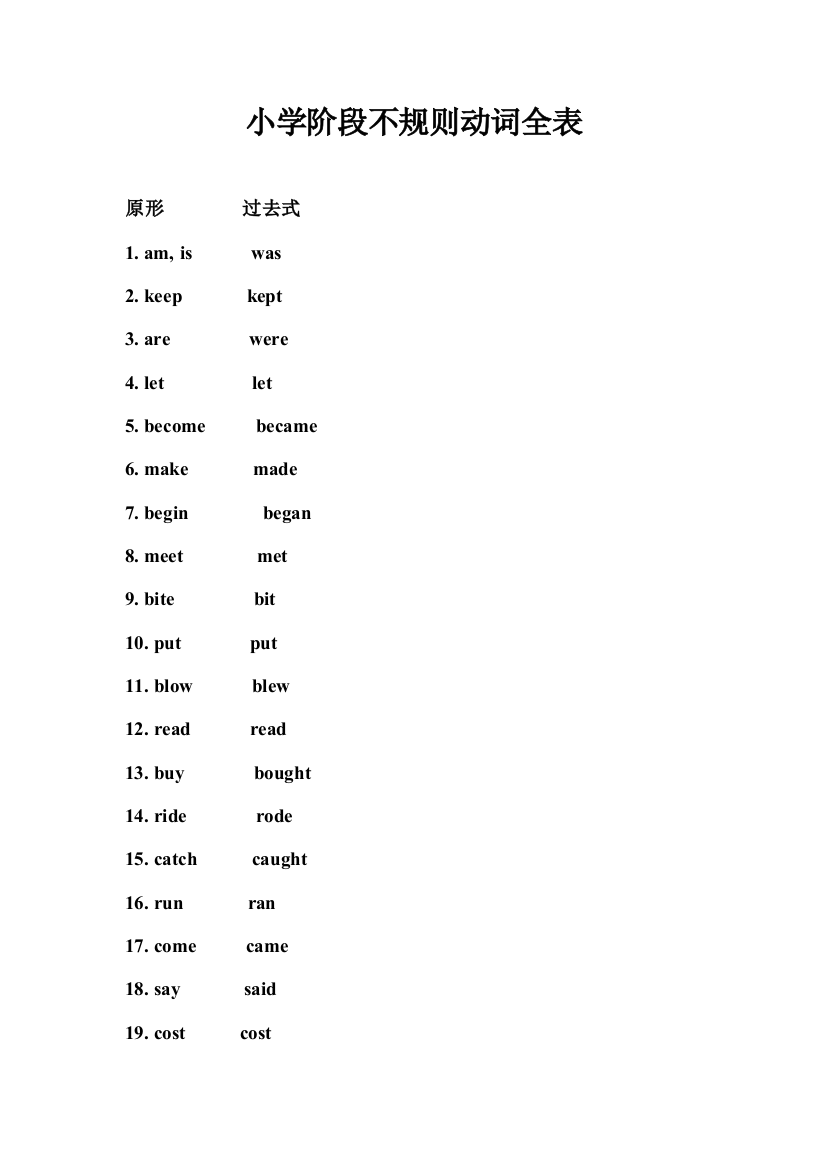 小学阶段不规则动词全表