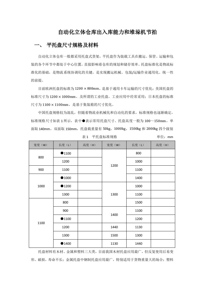 自动化立体仓库出入库能力及堆垛机节拍