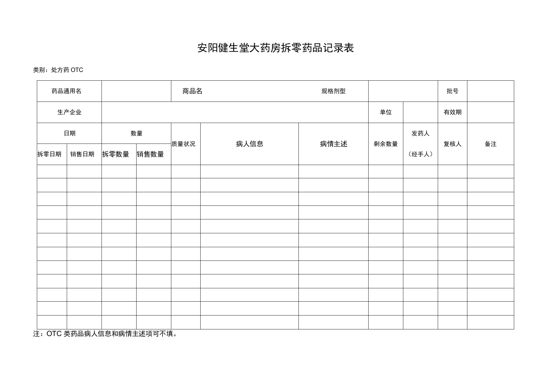 药店拆零药品记录表