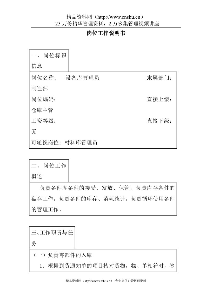 设备库管理员岗位工作说明书(1)