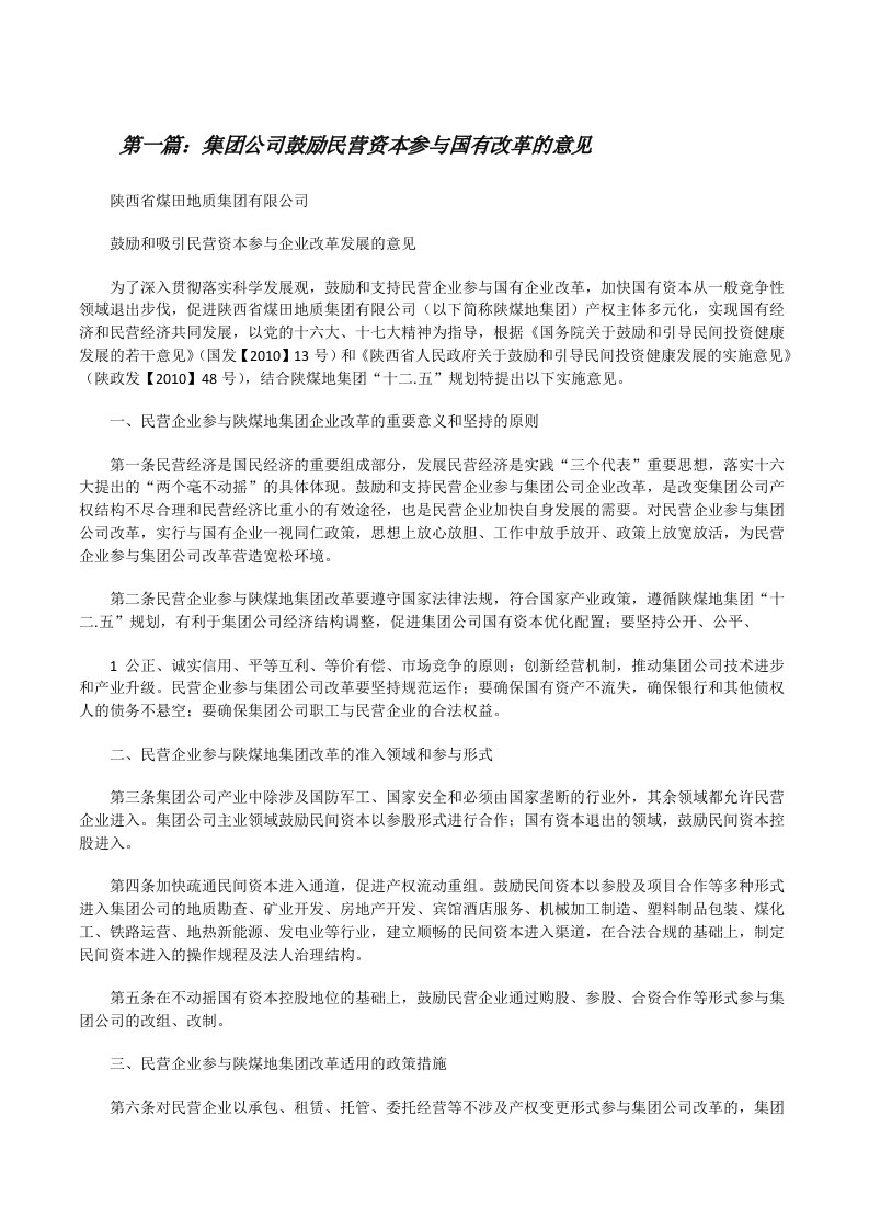 集团公司鼓励民营资本参与国有改革的意见[修改版]