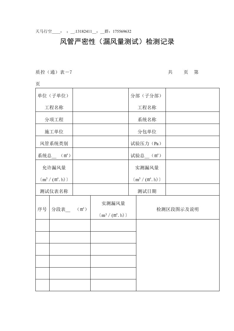 风管严密性(漏风量测试)检测记录表