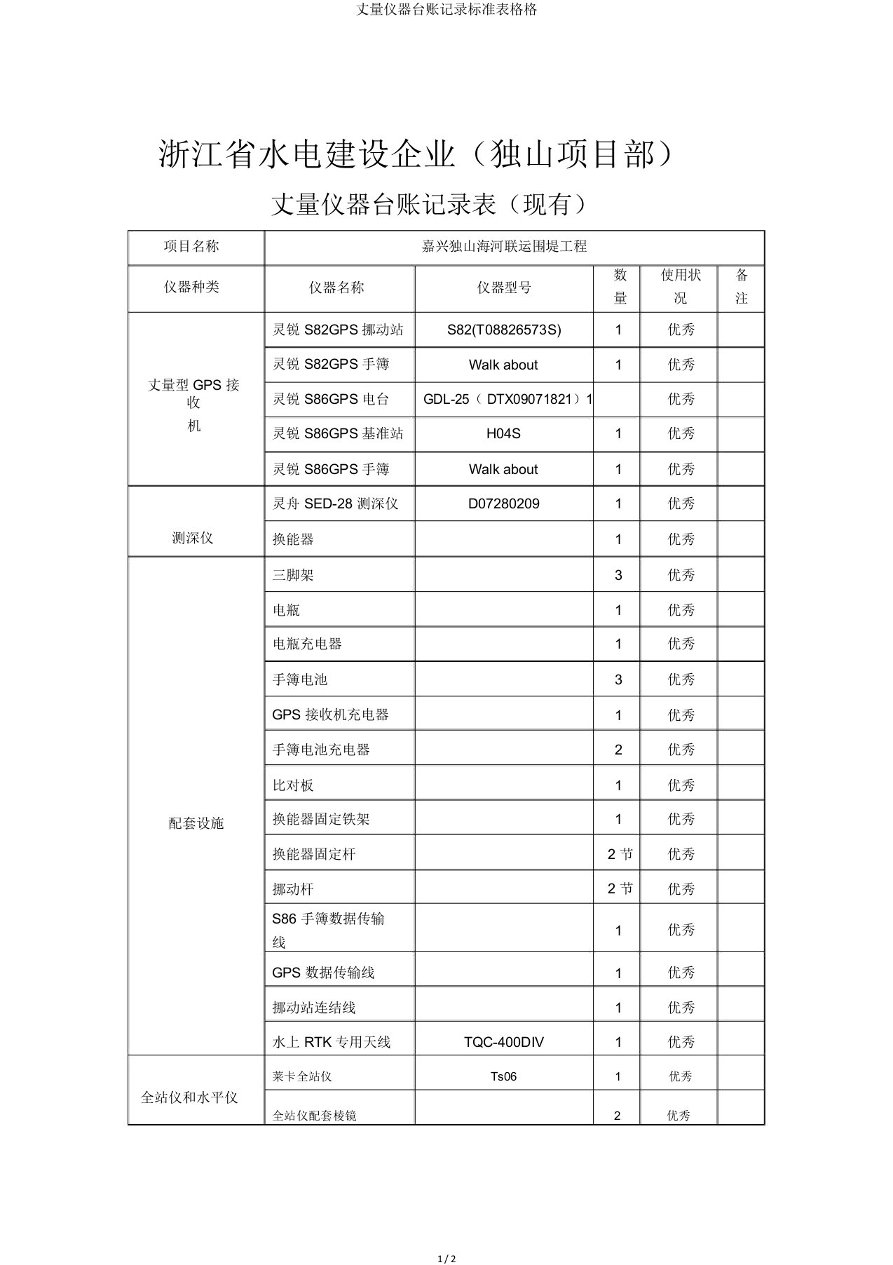 测量仪器台账记录表格