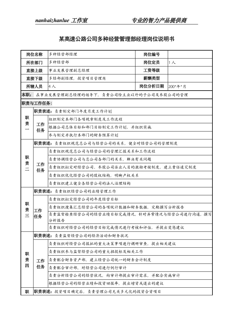 某高速公路公司多种经营管理部经理岗位说明书