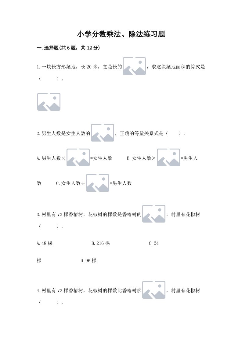 小学分数乘法、除法练习题（真题汇编）