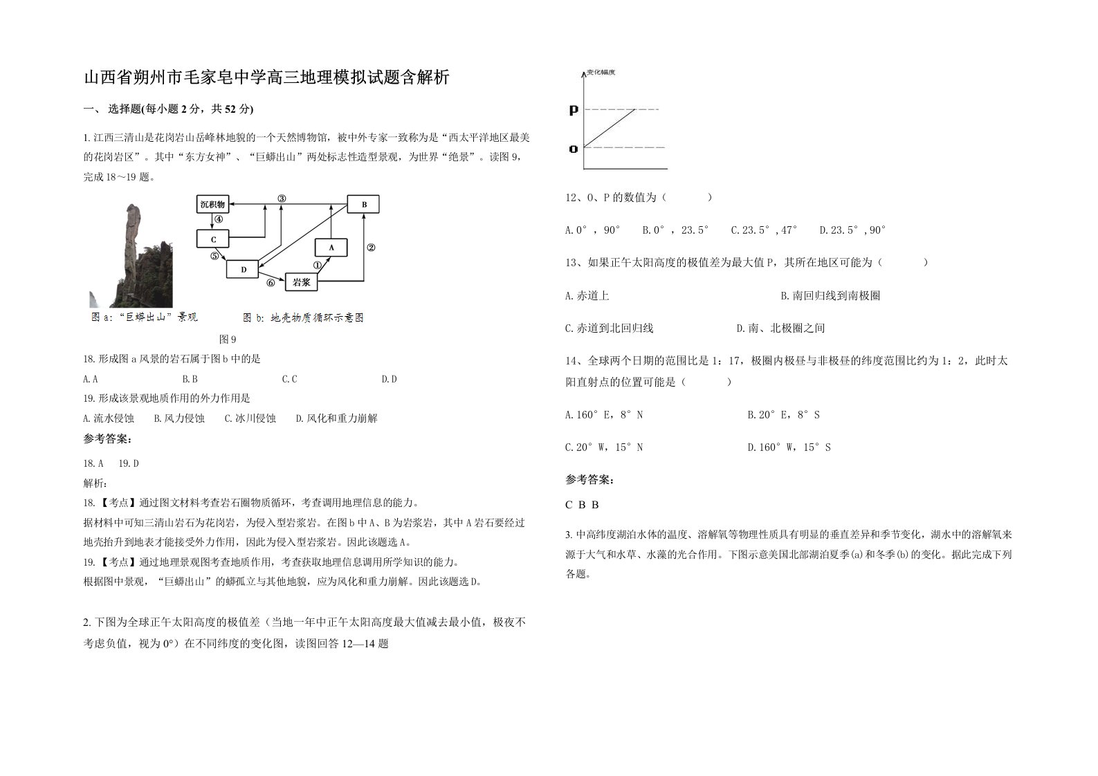 山西省朔州市毛家皂中学高三地理模拟试题含解析