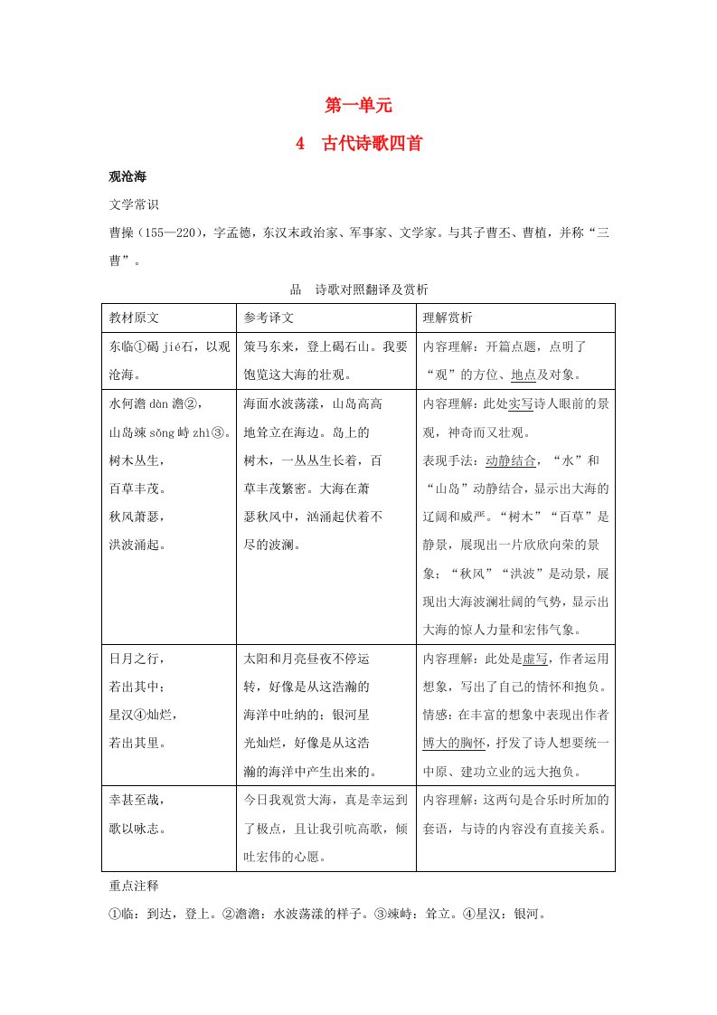 安徽省2024七年级语文上册第一单元4古代诗歌四首手册素材新人教版