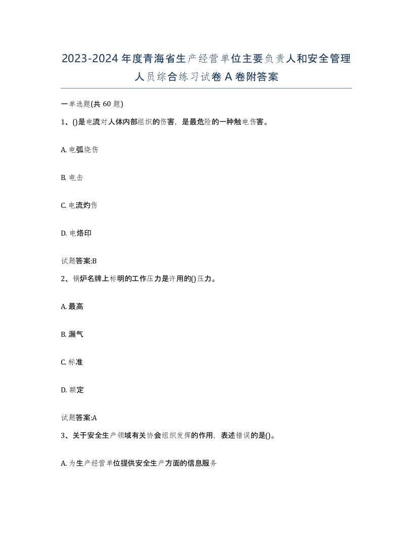 20232024年度青海省生产经营单位主要负责人和安全管理人员综合练习试卷A卷附答案