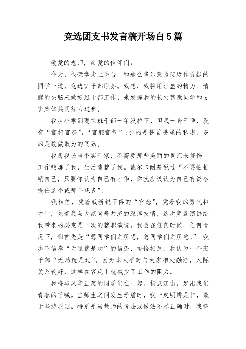 竞选团支书发言稿开场白5篇